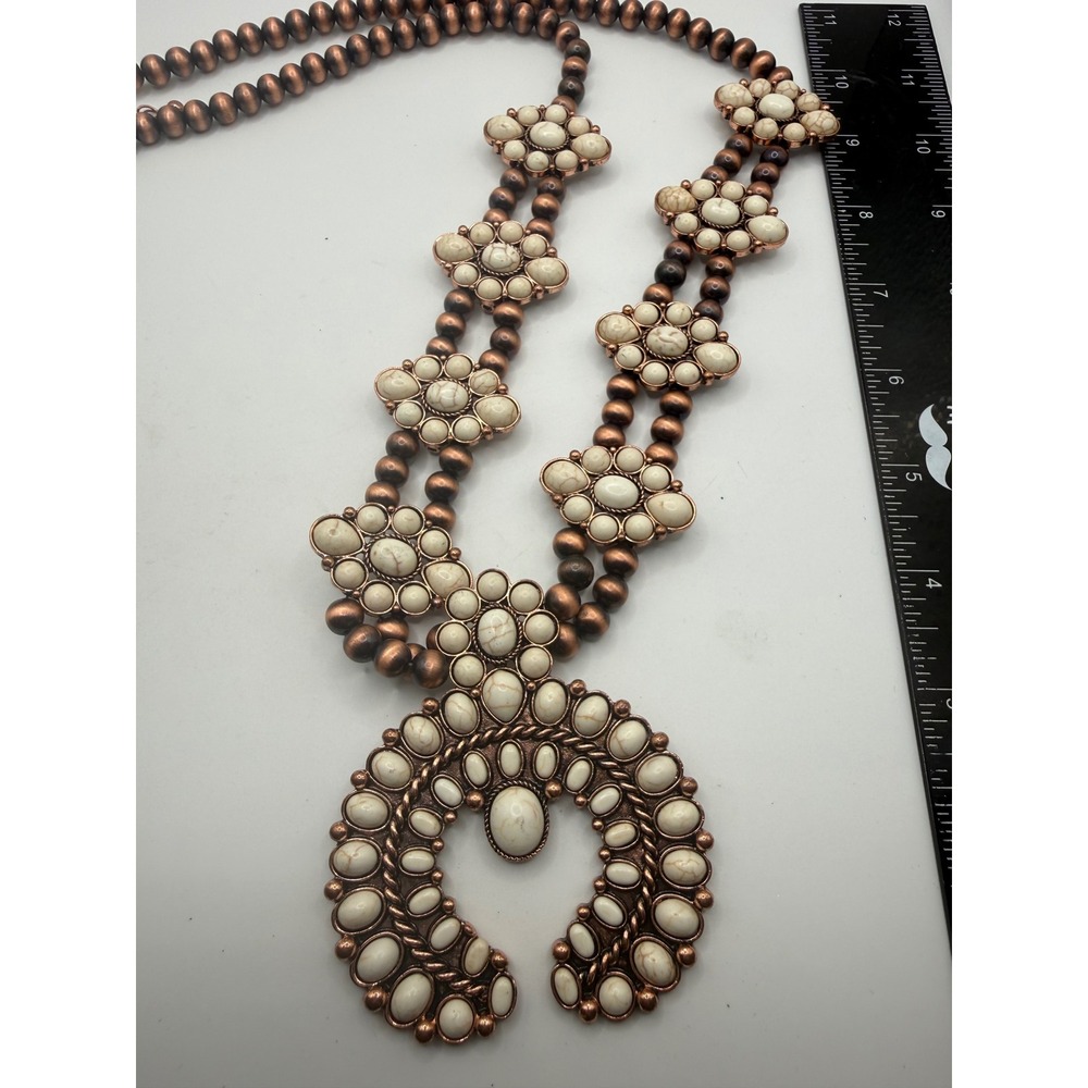 Vintage Style White Faux Turquoise Naja Squash‎ Blossom Necklace Copper Tone 22"